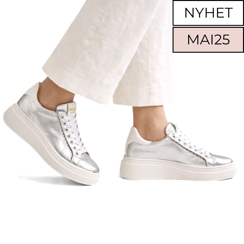 Sølv chunky sneakers til dame i skinn