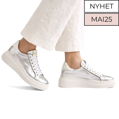 Sølv chunky sneakers til dame i skinn