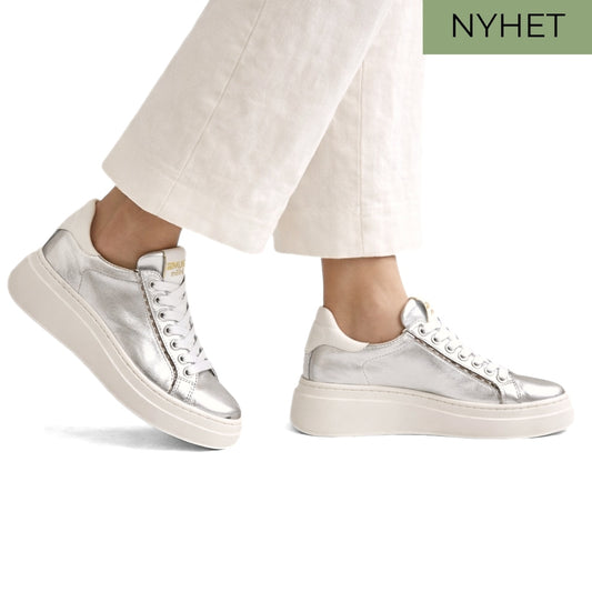 Sølv chunky sneakers til dame i skinn