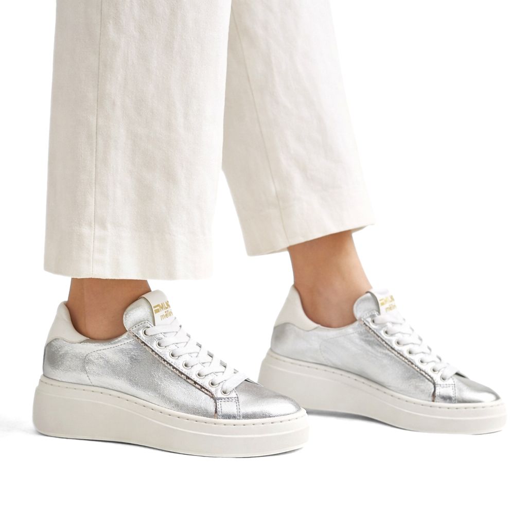 Sølv chunky sneakers til dame i skinn
