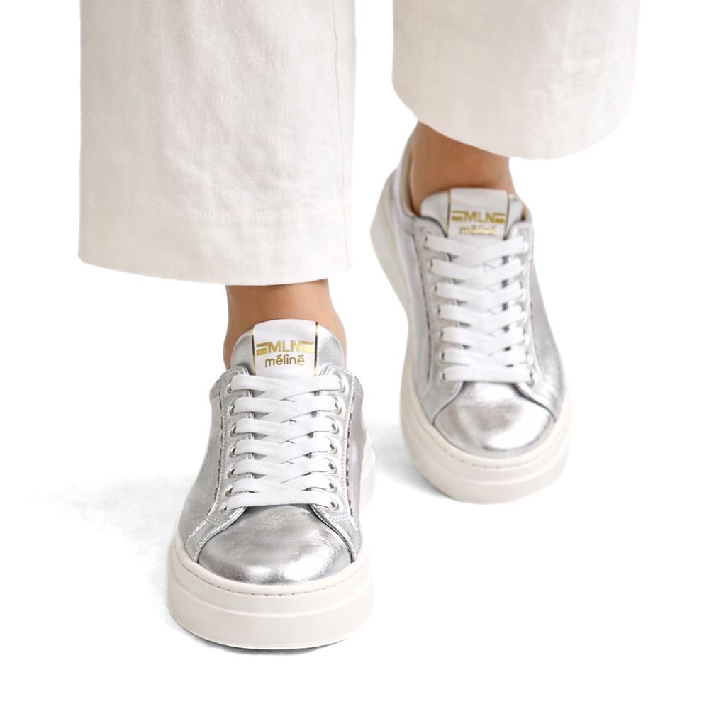 Sølv chunky sneakers til dame i skinn