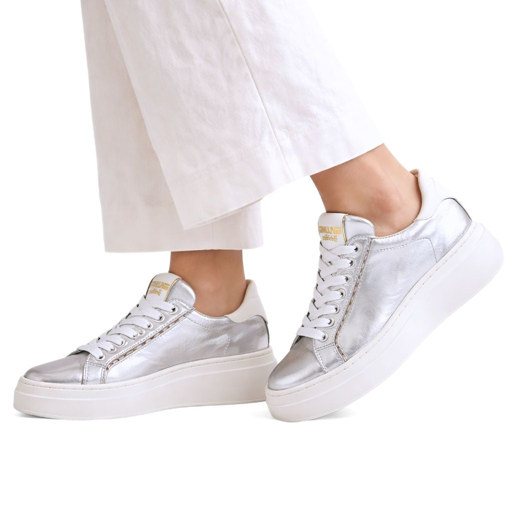 Sølv chunky sneakers til dame i skinn